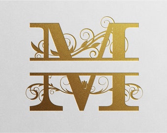 May include: Gold monogram letter M with ornate floral designs. The letter is split in half with the top half of the letter above the bottom half. The letter is on a white background.