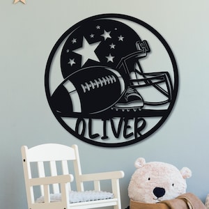 Placa de nome de futebol Svg, decoração de quarto infantil, placa de madeira personalizada, placa de nome personalizada, placa de nome de capacete personalizada, placa de nome infantil, presente de futebol