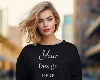 Gildan 18000 Mockup, Black Sweatshirt Mockup, Womens Sweater, Modeled Mockup, Oversized Crewneck Mockups, Boho Style Mock, Sweatshirt Mock