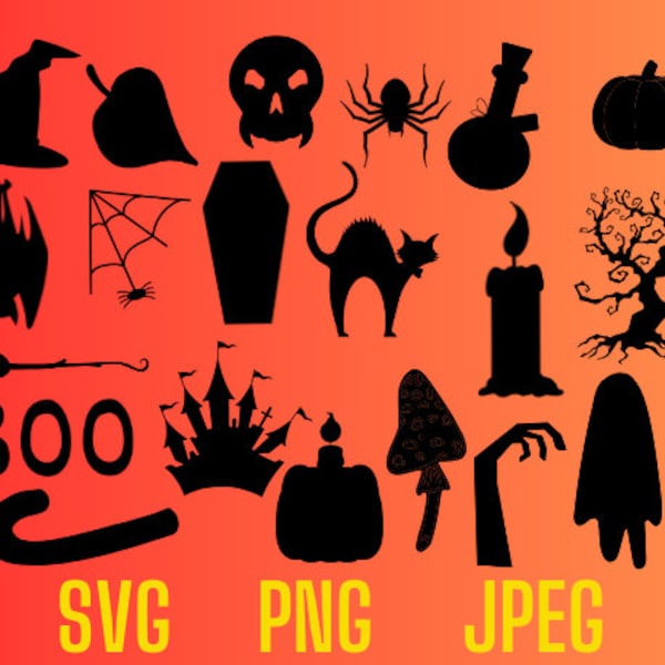 Eerie Halloween Silhouette Set of 20 - SVG, JPG, PNG, Halloween Svg Bundle, Bat Svg, Cat Svg, Potion Svg, Witch broom stick Svg, Skull Svg