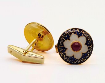ブルー＆ホワイトエナメルスターリングシルバーカフスボタン：ハンドメイドの花柄デザイン