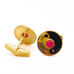 Black Enamel Cufflinks: Red Stone 925 Sterling Silver, Handmade