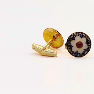 Handmade Sterling Silver Cufflinks: Blue & White Enamel, Red Stone Flower