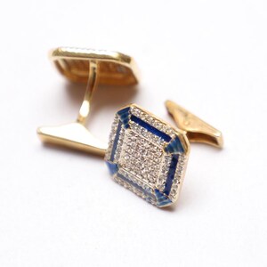 Sterling Silver Cufflinks: Square Cubic Zircon Blue Enamel Groomsmen Gift
