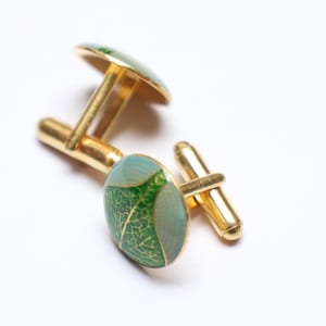 Handmade Sterling Silver Cufflinks: Green Enamel Leaf Design
