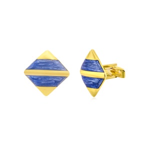 Handmade Sterling Silver Cufflinks: Vintage Blue Enamel, Golden Band