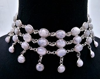 White Rainbow Moonstone Sterling Silver Necklace - Vintage Dangle Design