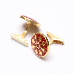 Sterling Silver Enamel Cufflinks: Red Flower Design, Handmade