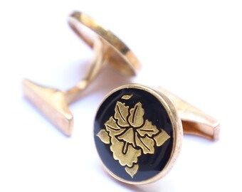 Vintage Black Enamel Cufflinks – Gold Floral Design – Handmade Round Cuff Links – Elegant Men’s Jewelry – Gift for Him