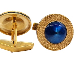 Blue Enamel Cufflinks: Round Gold Plated Sterling Silver, Gift Box