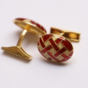 Red Enamel Sterling Silver Cufflinks: Oval Wedding Groom Gift