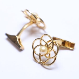 925 Silver Flower Cufflinks: Vintage Pearl, Handmade Gold Band