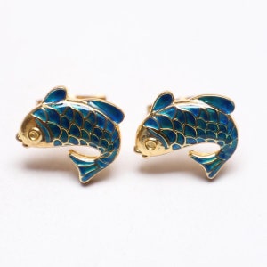 Blue Enamel Fish Cufflinks: Sterling Silver Groomsmen Gift