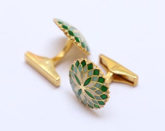 925 Silver Enamel Cufflinks, Sterling Silver Flower Green Enamel Round Shape Cufflinks, Groom Wedding Cufflinks, Birthday Gift for Him.