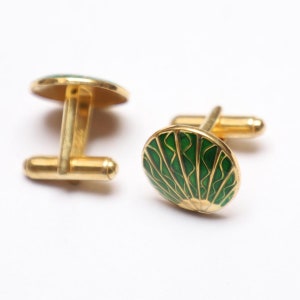 Green Enamel Sterling Silver Cufflinks: Gold Plated Round Cufflinks