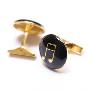 Boutons de manchette en argent 92,5, Boutons de manchette double note de musique, Idée cadeau d&#39;anniversaire fait main avec boîte, Cadeau d&#39;anniversaire de mariage, Cadeau émaillé noir