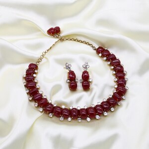 Sterling Silver Necklace: Red Imitation Ruby Polki Stones, Vintage Style
