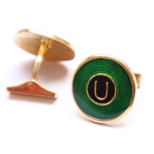 Gemelos personalizados de esmalte verde con letra U dorada: regalo con monograma para hombre, boda, aniversario, accesorios para novios, joyería personalizada.