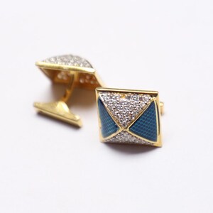 Cubic Zircon Sterling Silver Cufflinks: Blue Enamel Wedding Jewelry