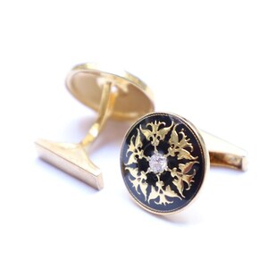 Gold Floral Cufflinks: Black Enamel Zircon Handmade Jewelry