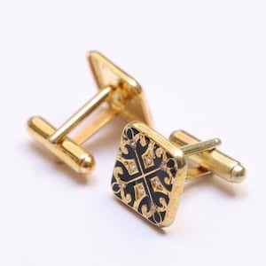 Gold Black Enamel Cufflinks: Sterling Silver CZ Wedding Jewelry