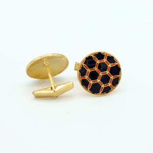 Handmade Sterling Silver Cufflinks: Black & Orange Enamel, Golden Band
