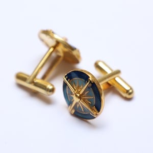 925 Silver Cufflinks: Blue Enamel Compass Design, Groomsmen Gift