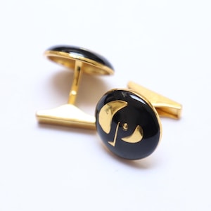 Sterling Silver Cufflinks: Black Enamel, Gold Plated, Round