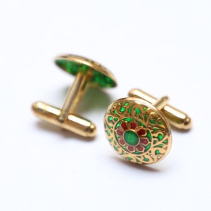 925 Sterling Silver Cufflinks: Red Green Enamel Floral Shirt Accessories