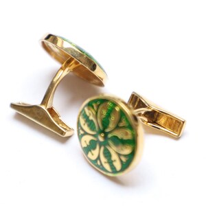 Sterling Silver Cufflinks: Green Enamel Flower Design, Wedding Accessories