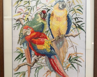 New Completed finished Cross stitch Handmade (Christmas gift) - 27'' x 20''  Macaws Tapestry (Cross-stitch) Wall Art with Teak Wooden Frame