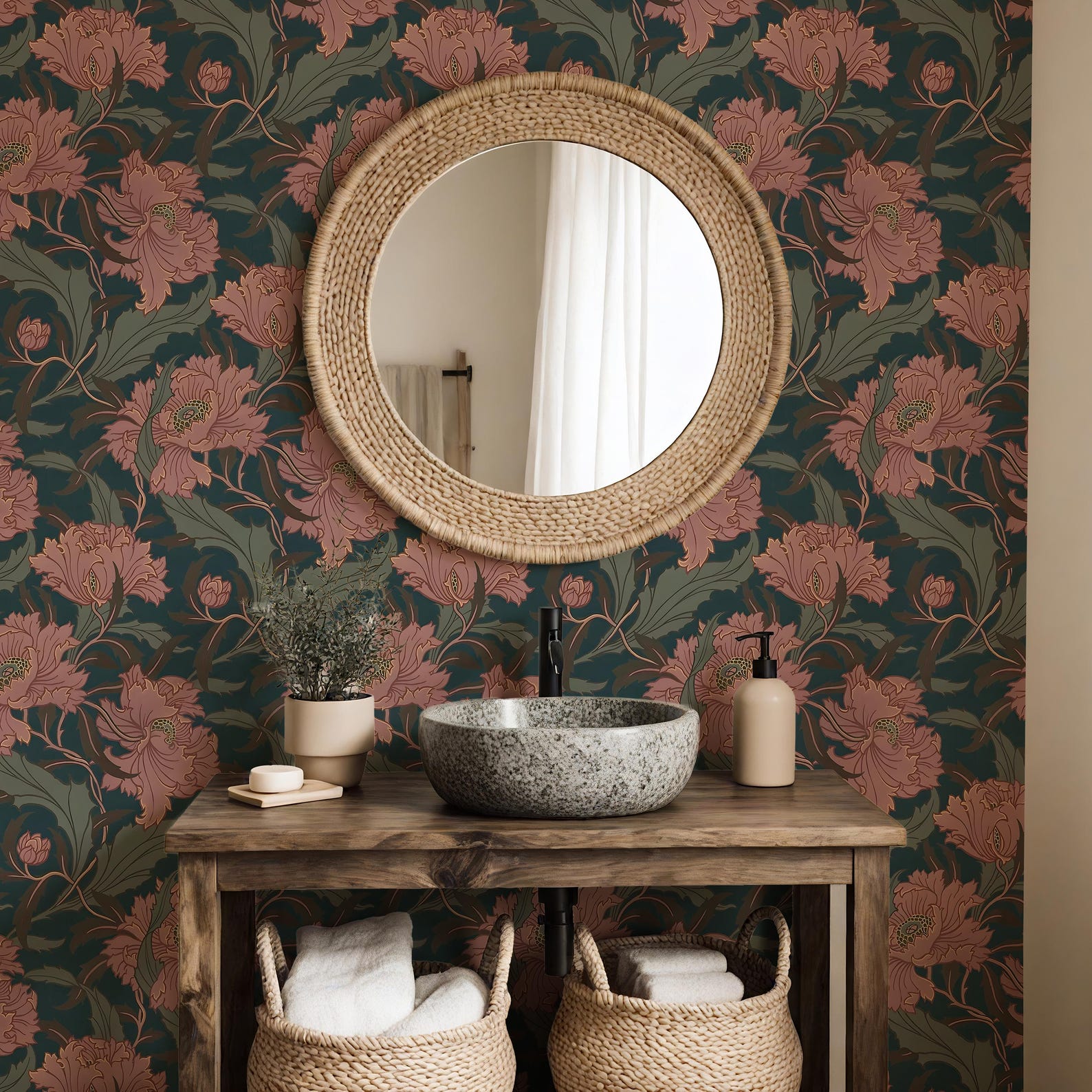 Dark Floral Wallpaper With Elegant Pink Flowers - Etsy