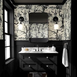 Halloween Toile Wallpaper: Haunted Castle, Gothic Home Decor