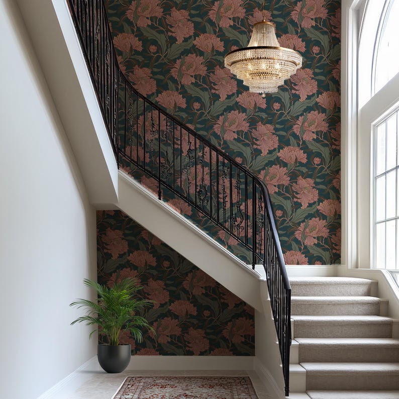Dark Floral Wallpaper With Elegant Pink Flowers - Etsy