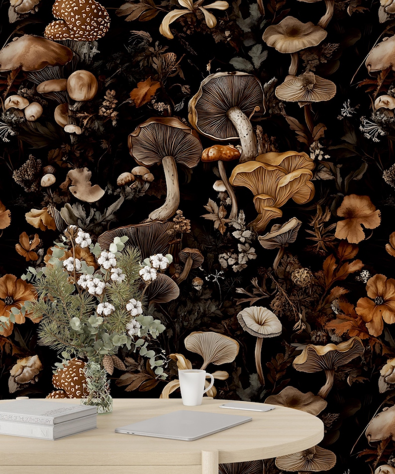 Dark Mushroom Wallpaper – Whimsical Forest Wall Decal With Vintage ...