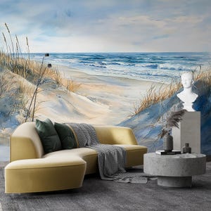 Papier peint plage côtière et dunes de sable : vue sereine sur la mer