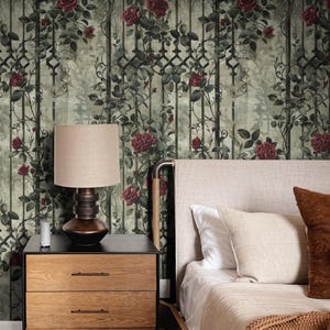 Vintage Gothic Rose Wallpaper – Dark Victorian Floral Wall Mural, Romantic Red Rose and Iron Gate Pattern for Elegant Haunted Interiors