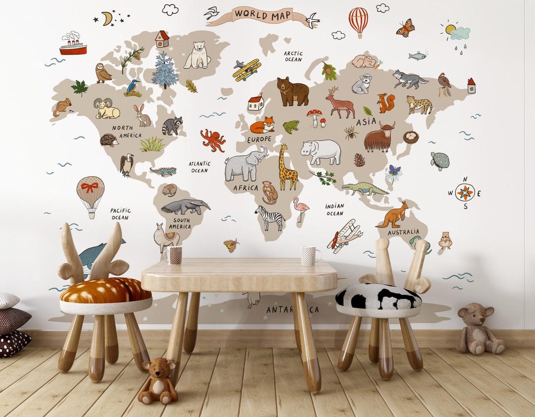 Kids World Map Wallpaper | Educational Animal Map Mural for Children’s ...