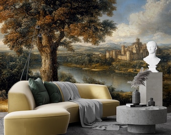 Vintage behang kasteellandschap – Antieke Europese kunstmuurschildering