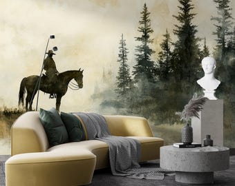 Western Cowboy Wall Mural – Rustic Horse Rider Forest Scene Wallpaper for Farmhouse Cabin Lodge Interior Walls