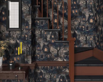 Halloween Haunted House Wallpaper – Spooky Tree Pattern Wall Mural