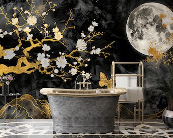 Luxury Golden Chinoiserie Wall Mural – Full Moon Tree Branch Floral Wallpaper for Elegant Oriental Interior Decor