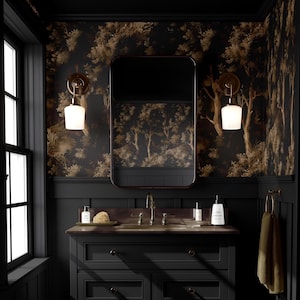 May include: A stylish bathroom with dark wood paneling and a forest-themed wallpaper in brown and gold tones. Features include a rectangular mirror, brass sconces, and a black vanity unit with a sink and brass tap.