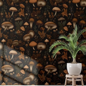 Carta da parati personalizzata con funghi - Adesivo da parete Dark Forest - Adesivo in vinile con funghi stravaganti - Arte murale del bosco