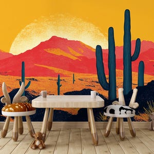 Carta da parati retrò con tramonto nel deserto - Murale western con cactus colorati