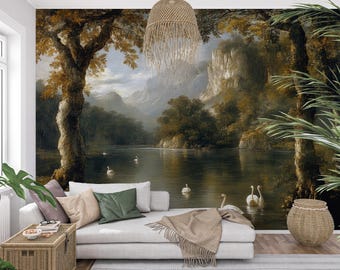 Peel and Stick Landscape Wallpaper – Swan Lake Mural Wall Art, Removable Nature Wall Decor