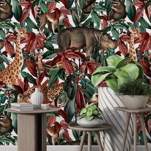 Carta da parati vintage con animali da safari - Stampa murale con animali selvatici della giungla