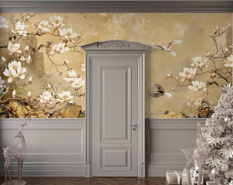 Chinoiserie Floral Wall Mural: Elegant Beige Cream Wallpaper