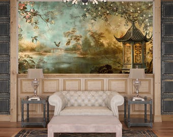 Oriental Chinoiserie Wallpaper with Lantern Pavilion – Hand Painted Nature Wall Mural for Elegant Home Interiors
