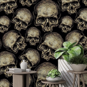 Gothic Skull Wallpaper - Dark Anatomical Mural for Halloween & Gothic Decor | Peel and Stick Option